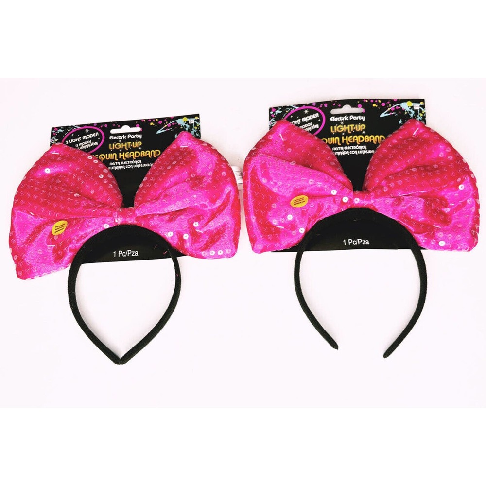 Set Of 2 amscan Headband Neon Bright Light-Up Sequin Bow Pink Halloween Costume